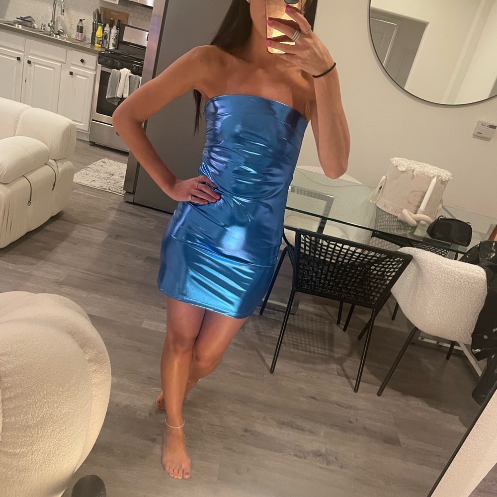 Blue metallic strapless dress